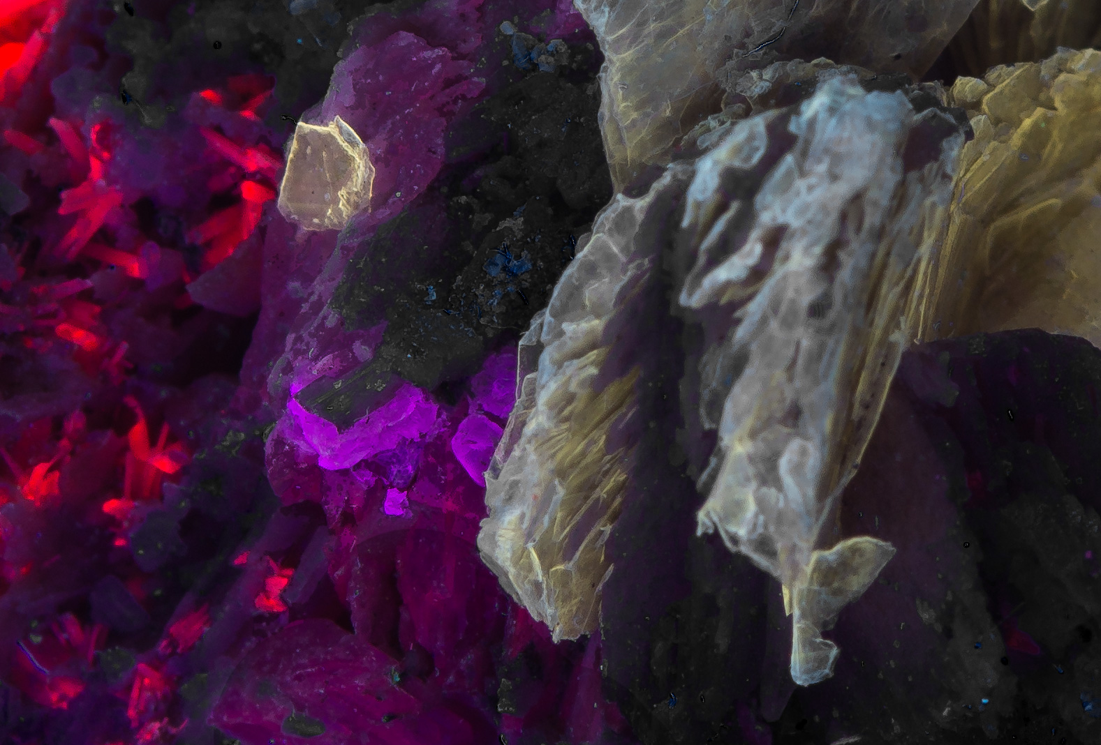 Fluorescence under midwave and shortwave UV light. Closeup.