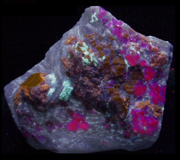 Fluorescence under longwave and shortwave UV light.