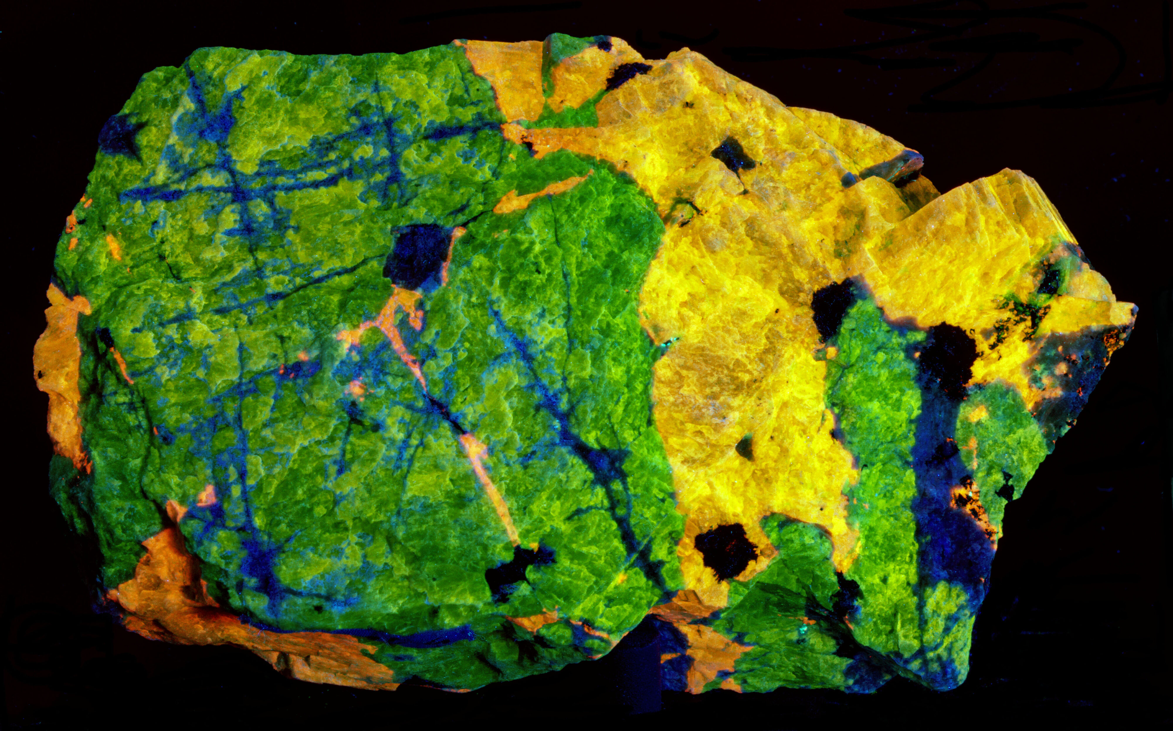 Near Infrared fluorescence under shortwave UV light. Color infrared image composed of green and red visible bands and 720 nm bandpass filter image.