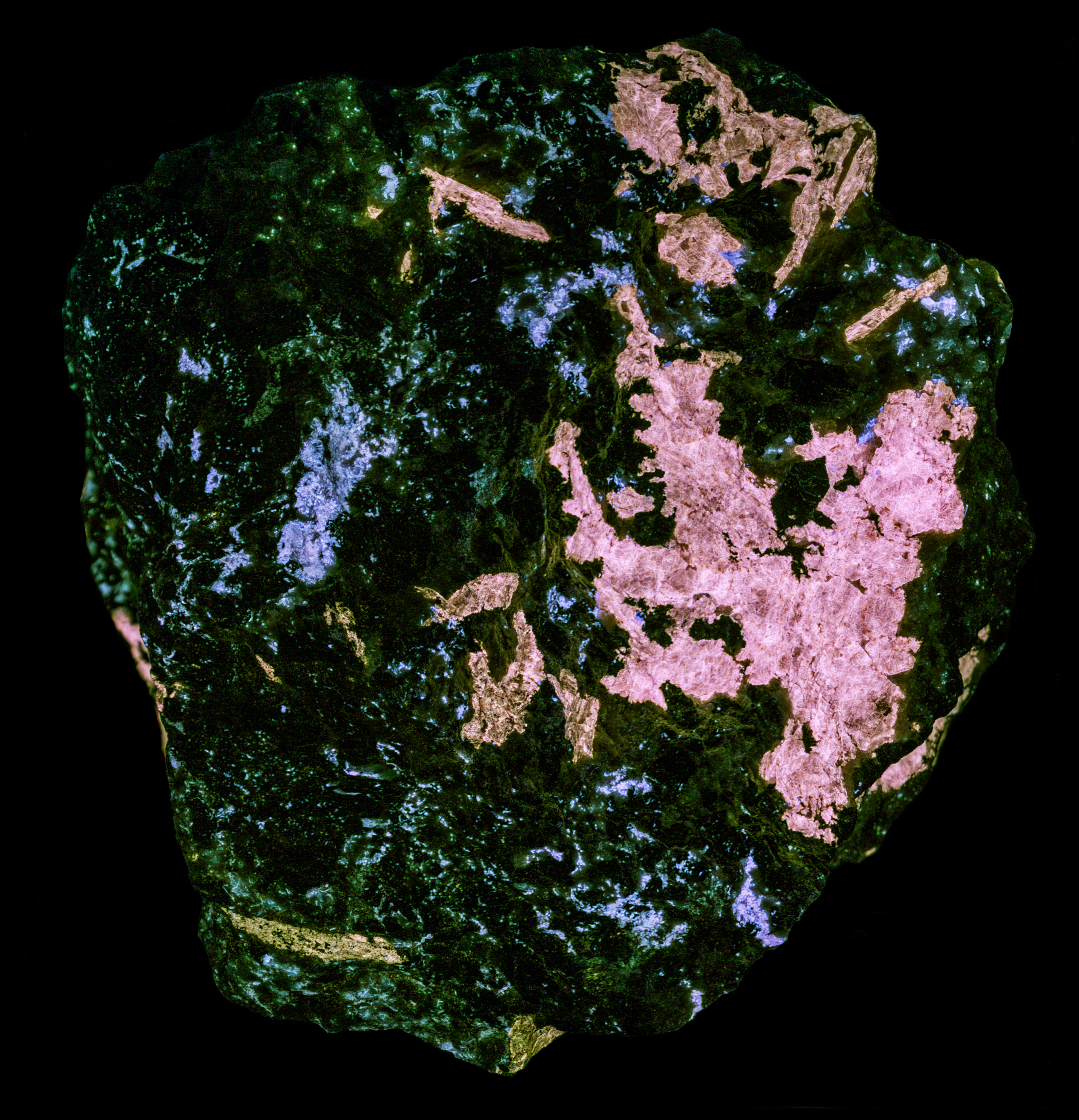 Ultraviolet fluorescence under shortwave UV light. False color blue=350 nm, green=375 nm, and red=394 nm bandpass images.