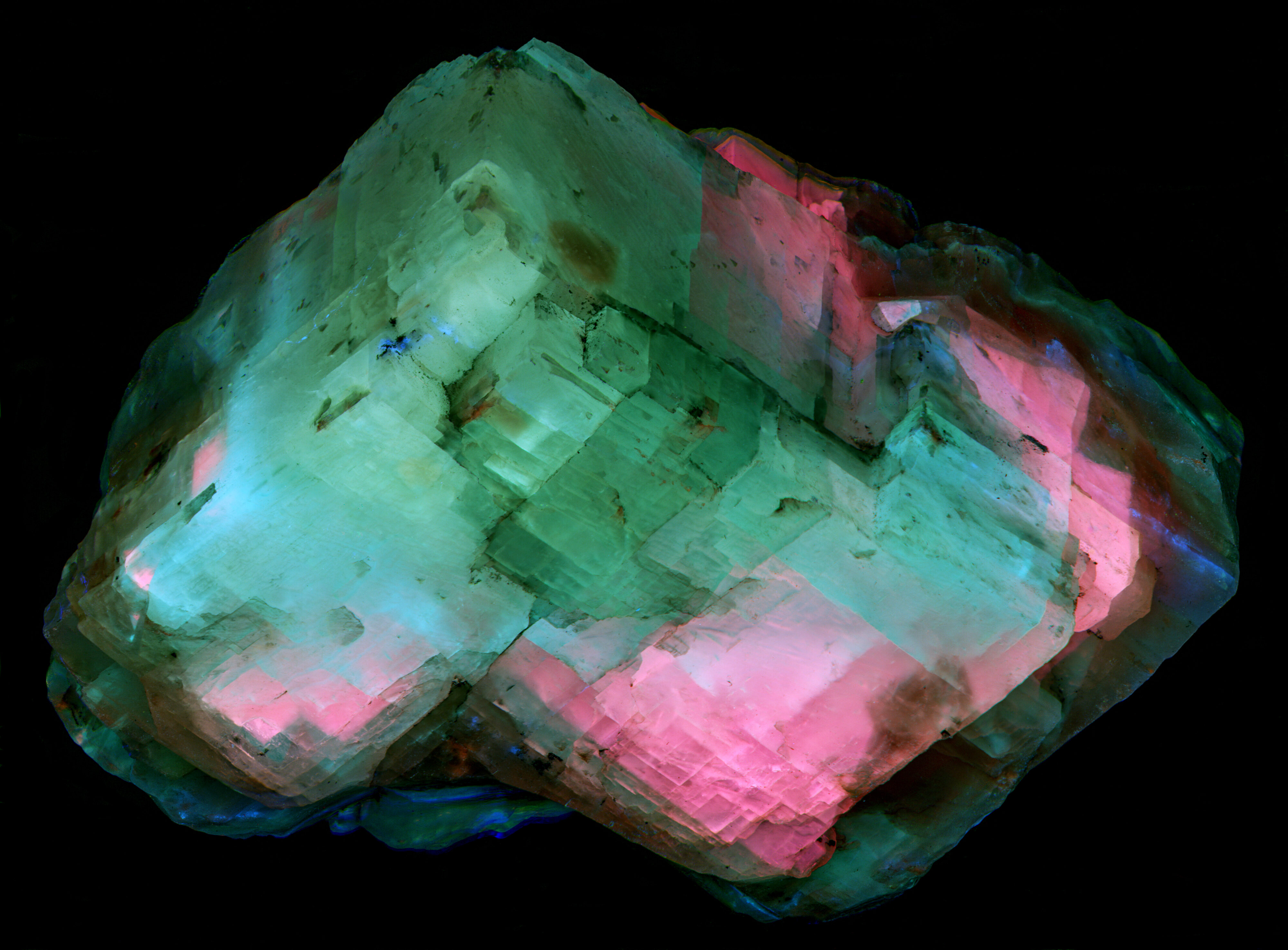 False color image of ultraviolet fluorescence under SW (255nm LED) light. Red=394nm Green=350nm Blue=330nm
