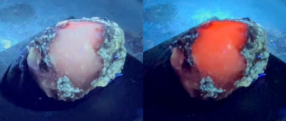 Frame grabs from a video that shows bright red BIP after exposure to longwave light.