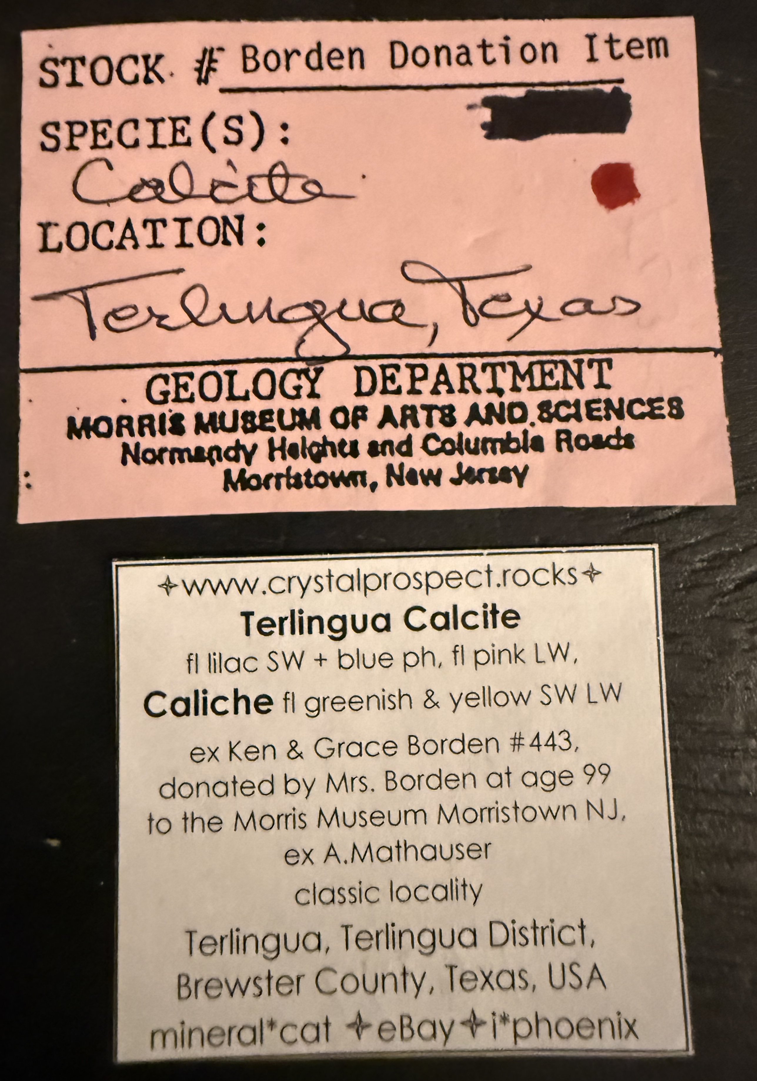 Labels that came with the calcite specimen.